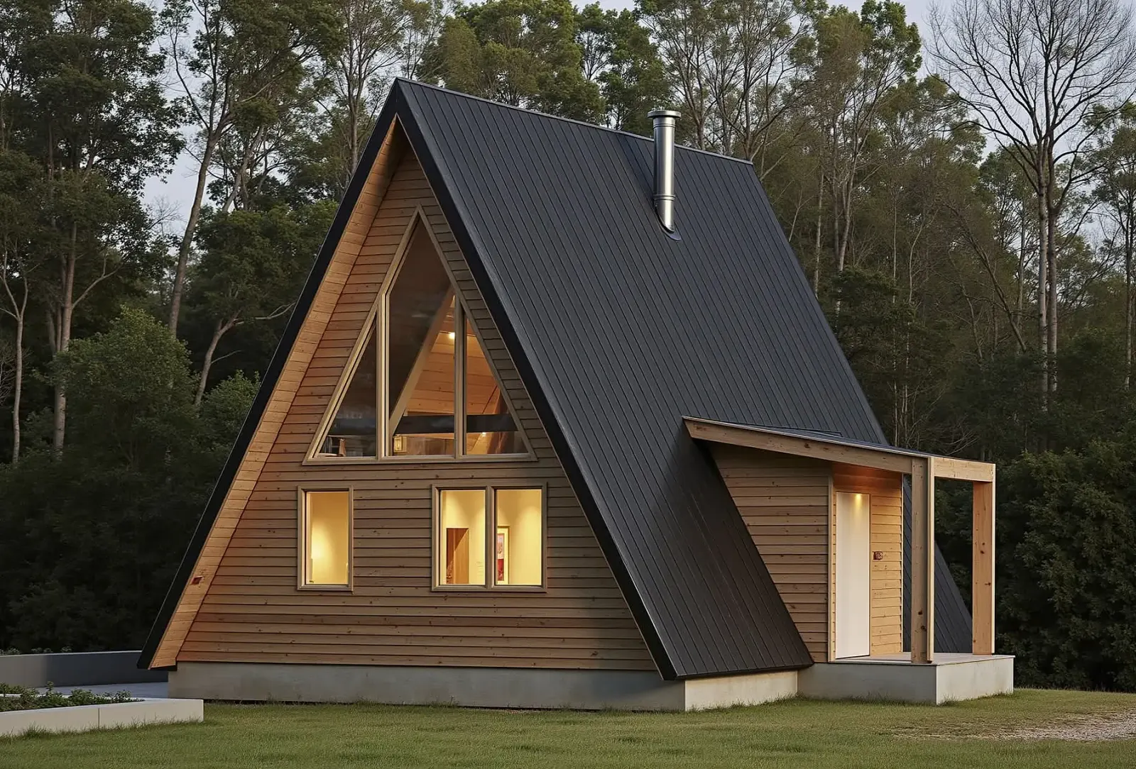 Modern A-frame cabin exterior surrounded by trees
